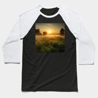 Sunrise over a green meadow fog rises in the summer Baseball T-Shirt